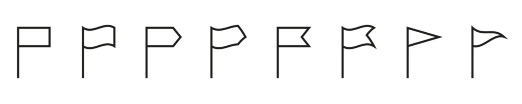 A collection of nine distinct flag outline icons presented in a line across a white background. These simple flag graphics are ideal for representing locations, navigation, or status updates.