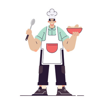 Cook in an apron with dish and ladle flat vector illustration
