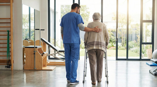 Rear view of male physiotherapist supporting senior woman with walker frame during rehabilitation session in bright modern clinic, geriatric care and recovery concept