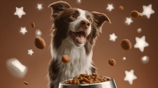 A joyful dog surrounded by floating kibble and stars, capturing the excitement of mealtime and the bond with pets.