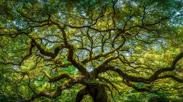 A majestic tree with sprawling branches and vibrant green foliage, showcasing the beauty of nature in a lush environment.