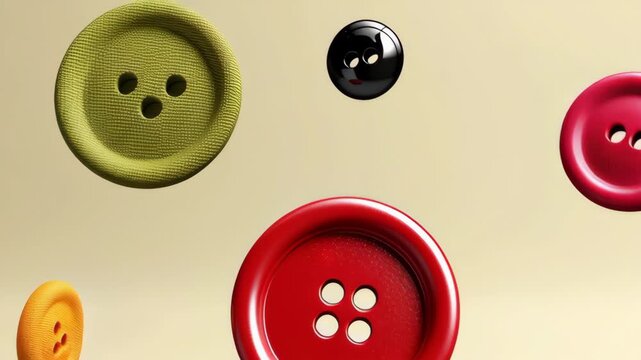 Colorful buttons in various sizes and shapes float through the air against a soft beige background, showcasing a dynamic arrangement of vibrant hues and textures