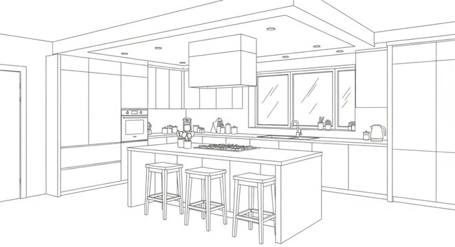 Interior design sketch of a modern kitchen with island and bar stools.