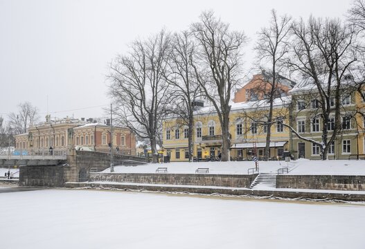 Historic buildings on the frozen Aurajoki river, wintery Turku or Swedish &Aring;bo, Varsinais-Suomi, Finland