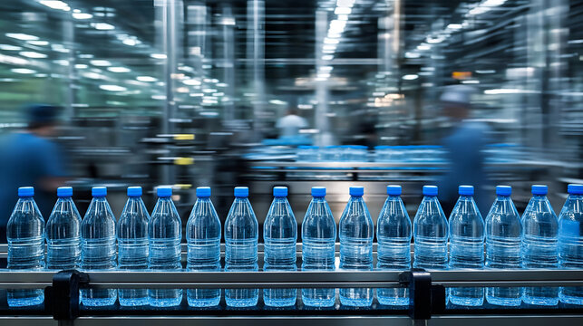 A modern bottling factory showcasing water bottles on a production line with workers in the background, illustrating manufacturing efficiency.