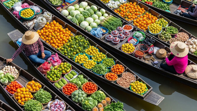 Traditional Thai floating market scene with vendors selling colorful fresh fruits and vegetables from wooden boats on the water.
