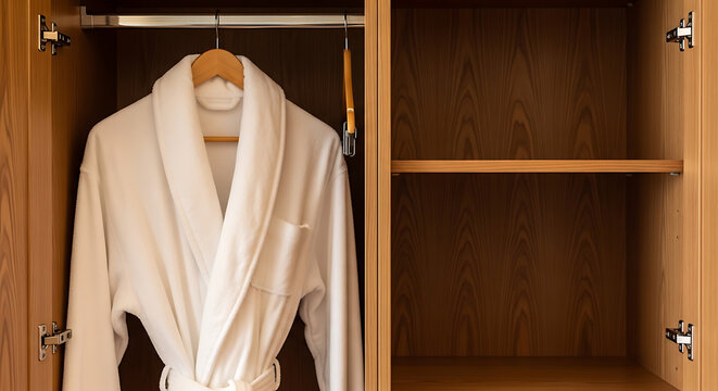 Detailed close up of a fresh white soft cotton bathrobe hanging inside a rustic wooden wardrobe in a luxury boutique hotel suite, symbolizing relaxation, spa wellness, and high-end travel comfort.