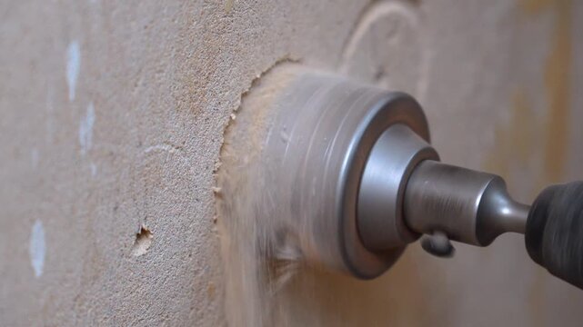 Drilling a hole for drywall. Metal saw bit that creates a circular cut. The plaster wall is drilled with a rotary saw. Drilling with a metal drill saw is to cut through concrete, creating dust and hol