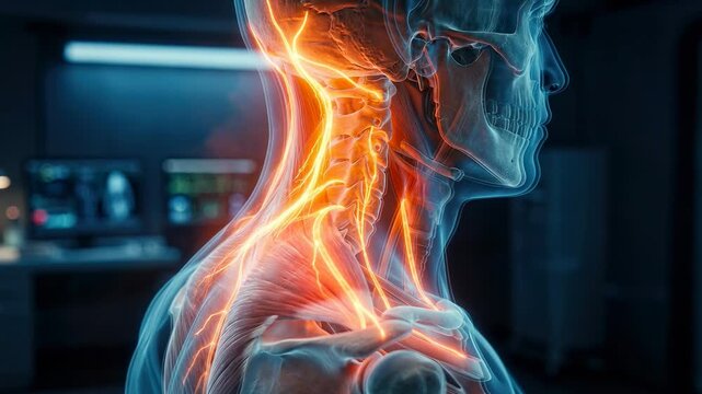 Medical animation of neck and shoulder nerve pain. Glowing neural pathways from cervical spine to shoulder with futuristic interface.