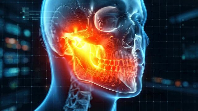 Medical animation of TMJ jaw pain. Red highlight on the temporomandibular joint within a digital holographic skull visualization.