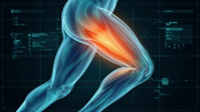 Medical animation of thigh muscle pain during running. Glowing red area on the quadriceps with futuristic holographic data overlay.