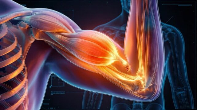 Medical animation of elbow tendon and muscle pain. Intense glow on the joint and biceps tendon with futuristic anatomical background.