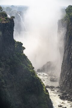 Water plunges into the depths, Victoria Falls with gorge, Zambezi, Zimbabwe