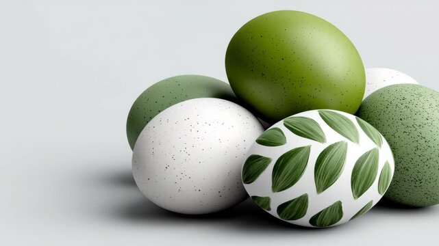 Decorative eggs in various shades of green and white with leaf patterns arranged in a visually appealing cluster on a light gray background