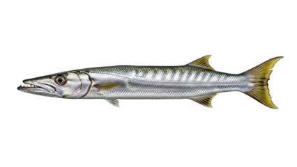 Naklejka premium Isolated Barracuda, a silvery predatory ray-finned fish, with golden yellow tail and fins