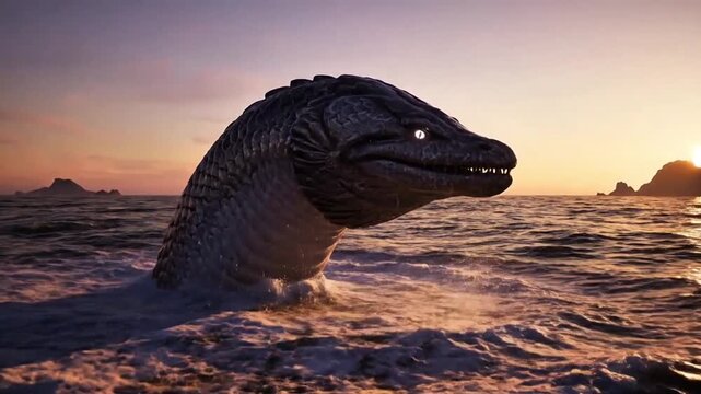 Giant sea serpent in ocean at sunset twilight