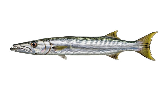 Isolated Barracuda, a silvery predatory ray-finned fish, with golden yellow tail and fins