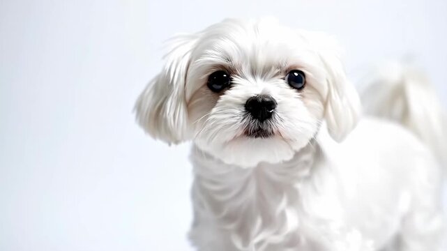Small fluffy white Maltese dog with bright black eyes and nose standing on a plain clean background
