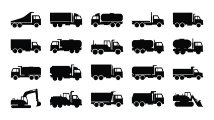 A collection of black silhouettes of various trucks and construction vehicles isolated on white background, Vector © Apurba