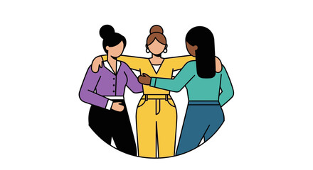 Three women embracing in a circle, symbolizing friendship and support