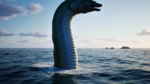 Giant sea serpent emerging from ocean at sunset