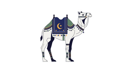 White Camel with Decorative Saddle and Islamic Crescent Moon Symbol