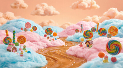 Naklejka premium Fantasy candy village with gingerbread houses and caramel river. Whimsical sweet landscape panorama