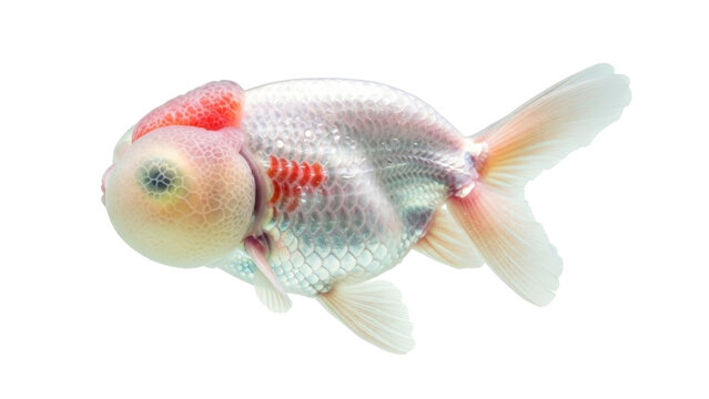 Isolated Goldfish in Aquarium, Oranda Fish Pet with Bubble Eyes and Double Tail Fins
