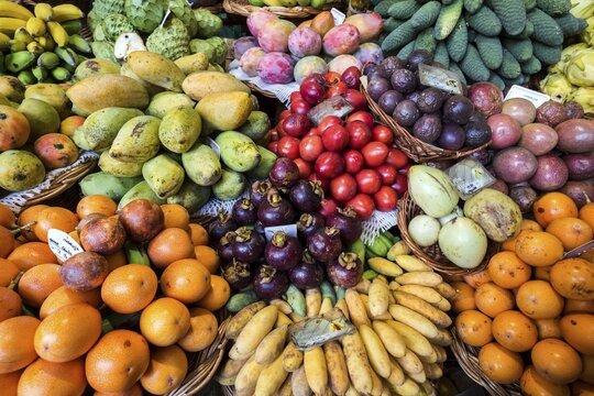 Exotic fruit stall, market, indoor market, Mercado dos Lavradores, Funchal, Madeira, Portugal