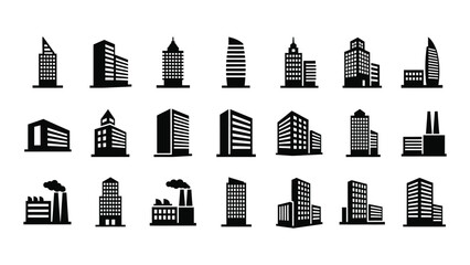 A collection of black and white city building icons isolated on white background, Vector