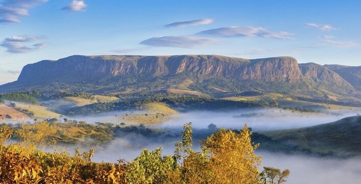 Early morning fog over valleys and mountains, Serra da Canastra, Minas Gerais state, Brazil
