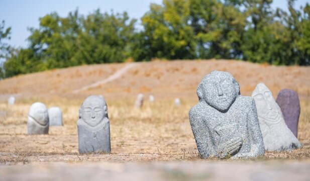 Balbals, historical gravestones in the shape of human faces, near Tokmok, Chuy, Kyrgyzstan