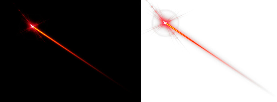 Red laser beam shines brightly across a transparent background. Sparkling neon particles trace the light path. Perfect for sci-fi and abstract digital designs.