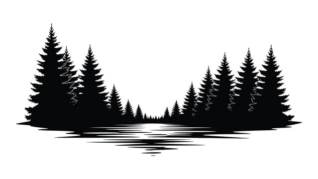 Serene lake scene with pine trees at sunset isolated on white background, Vector
