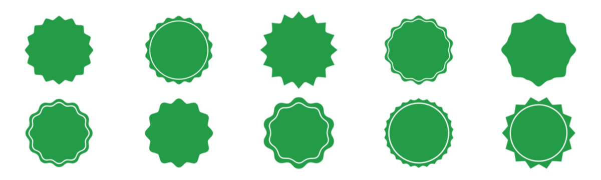 Green starburst price tags and sunburst seal badges set for organic product labels and discount marketing promotion
