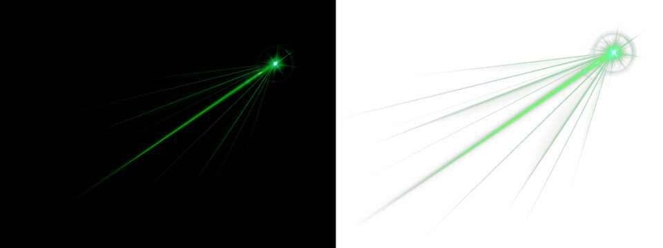 Green laser streak glows vividly across a transparent surface. Tiny neon particles highlight the beam path, creating a dynamic visual. Perfect for sci-fi and abstract designs.