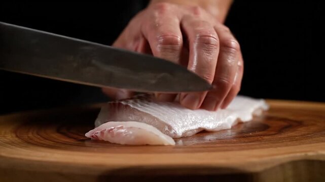 A person skillfully slicing raw fish on a wooden cutting board with a sharp knife close-up