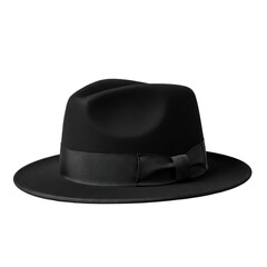 A classic black wool felt fedora hat with a glossy satin ribbon band, positioned centrally against a uniform transparent studio background with sharp contours, professional product photography concept