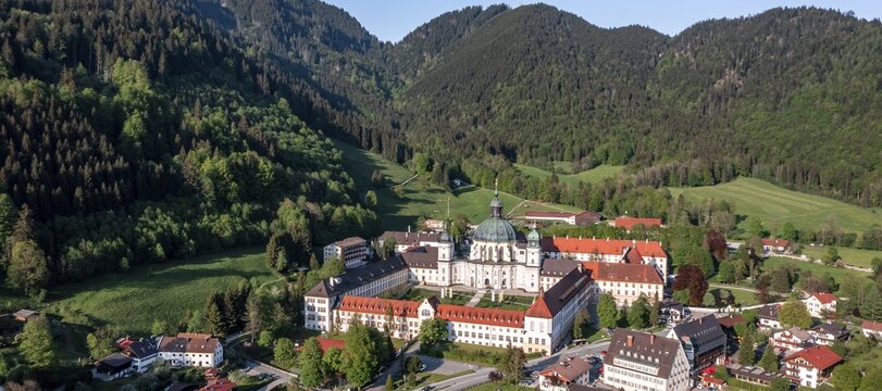 Aerial view, Benedictine Abbey Ettal and baroque church, municipality of Ettal, Upper Bavaria, Bavaria, Germany