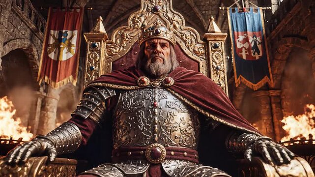 Medieval king sitting on a throne surrounded by flames and banners.