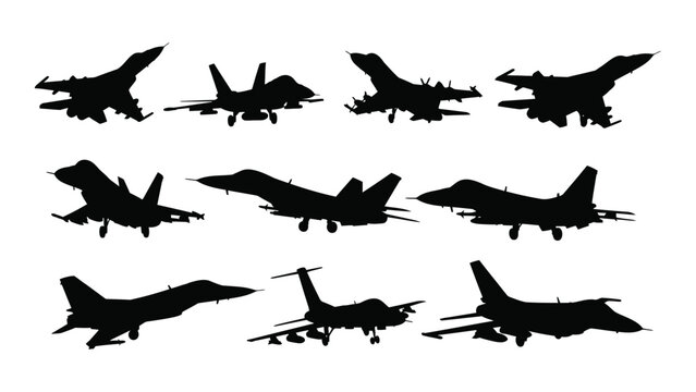 A group of black silhouettes of various fighter jets isolated on white background, Vector