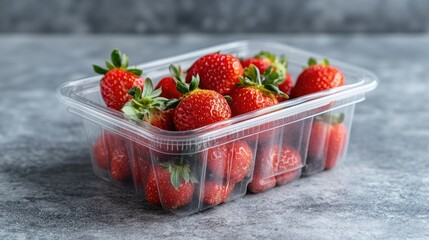 Fresh and Juicy Strawberries in Clear Plastic Container on Grey Background, Perfect for Healthy Snacks, Desserts, and Culinary Dishes, Natural Red Berries for Summer and Spring Recipes
