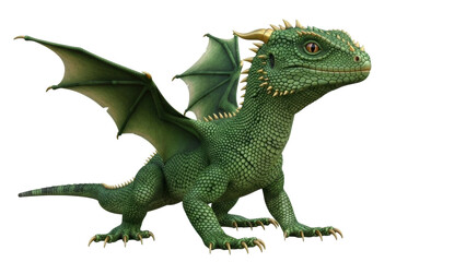 Obraz premium Isolated green scaled dragon with wings and small horns, mythical creature concept