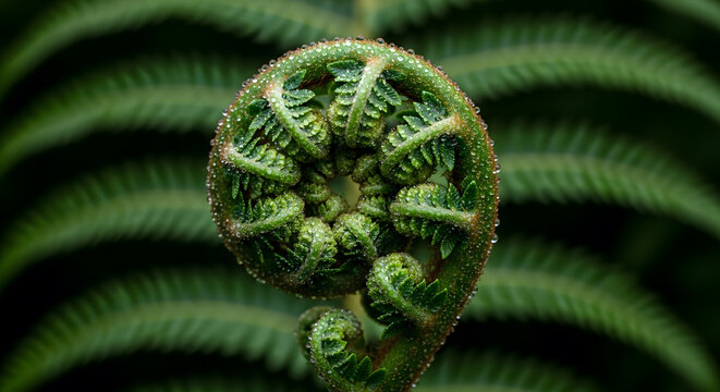 Close-up of vibrant green fern fiddlehead with dew drops | Unfurling botanical beauty and natural patterns | Macro photography of fresh new fern growth in lush forest | Nature's delicate intricate