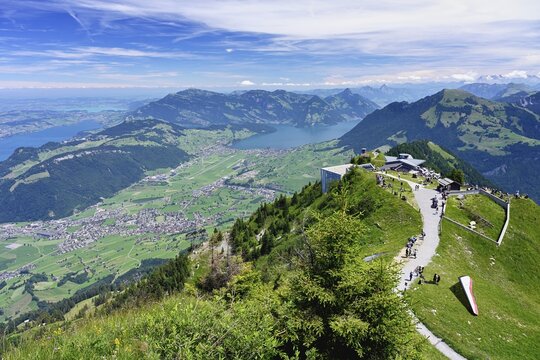 View of the mountain station of the Stanserhorn, Lake Lucerne in the background and the village of Stans, Canton Nidwalden, Switzerland