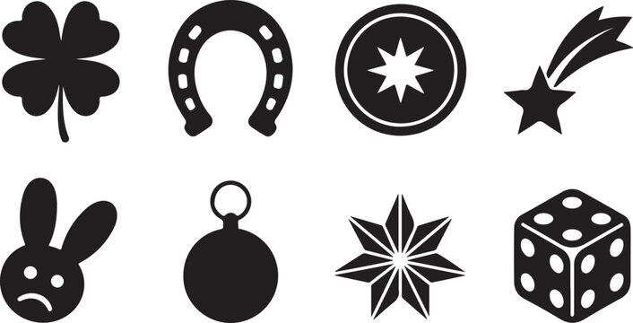Various black silhouette symbols representing good fortune and luck are displayed on a clean white background