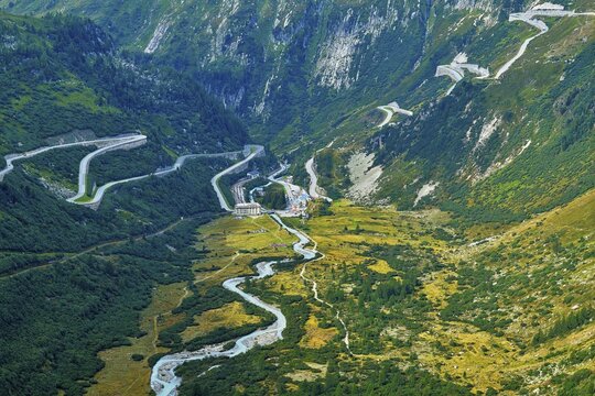 View from the Rhone glacier of the glacial stream and the pass roads, Furka on the left and Grimsel on the right, Gletsch, Canton Valais, Switzerland