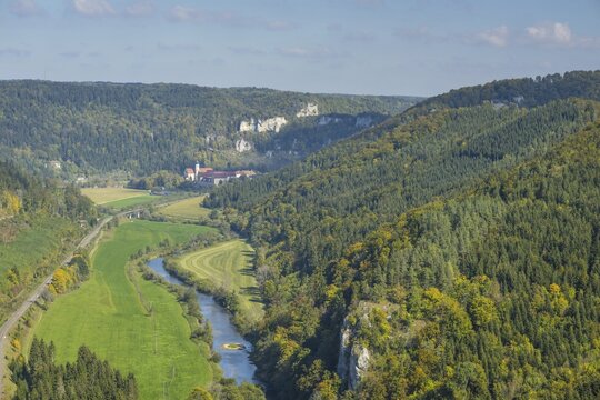 Panorama from Knopfmacherfelsen into the upper Danube valley, Beuron Monastery in the background, Swabian Alb, Baden-W&uuml;rttemberg, Germany
