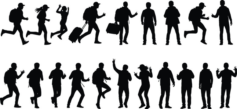 arge Collection of Traveler Silhouettes Featuring People Running Walking Carrying Luggage and Backpacks Isolated on White Background for Professional Travel and Lifestyle Graphic Design Projects