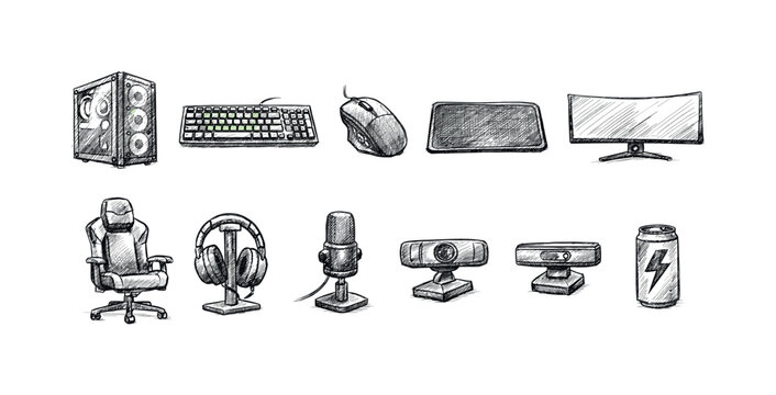 Gaming equipment silhouette icon set. Essential devices for gamers' setup